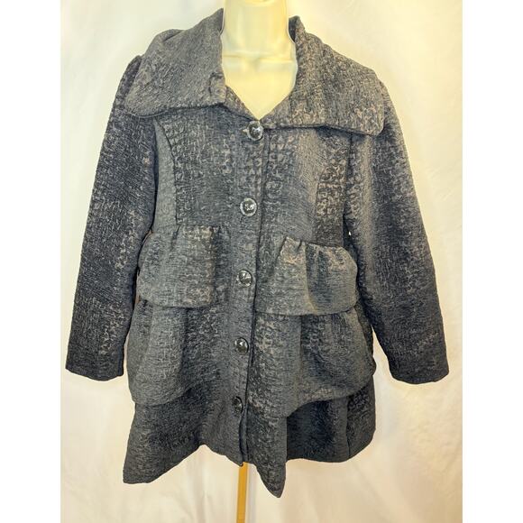 Gorgeous Ruffle Brocade Pea Coat - Black & Chocolate - Size XL (Juniors Sizing) - Picture 2 of 16